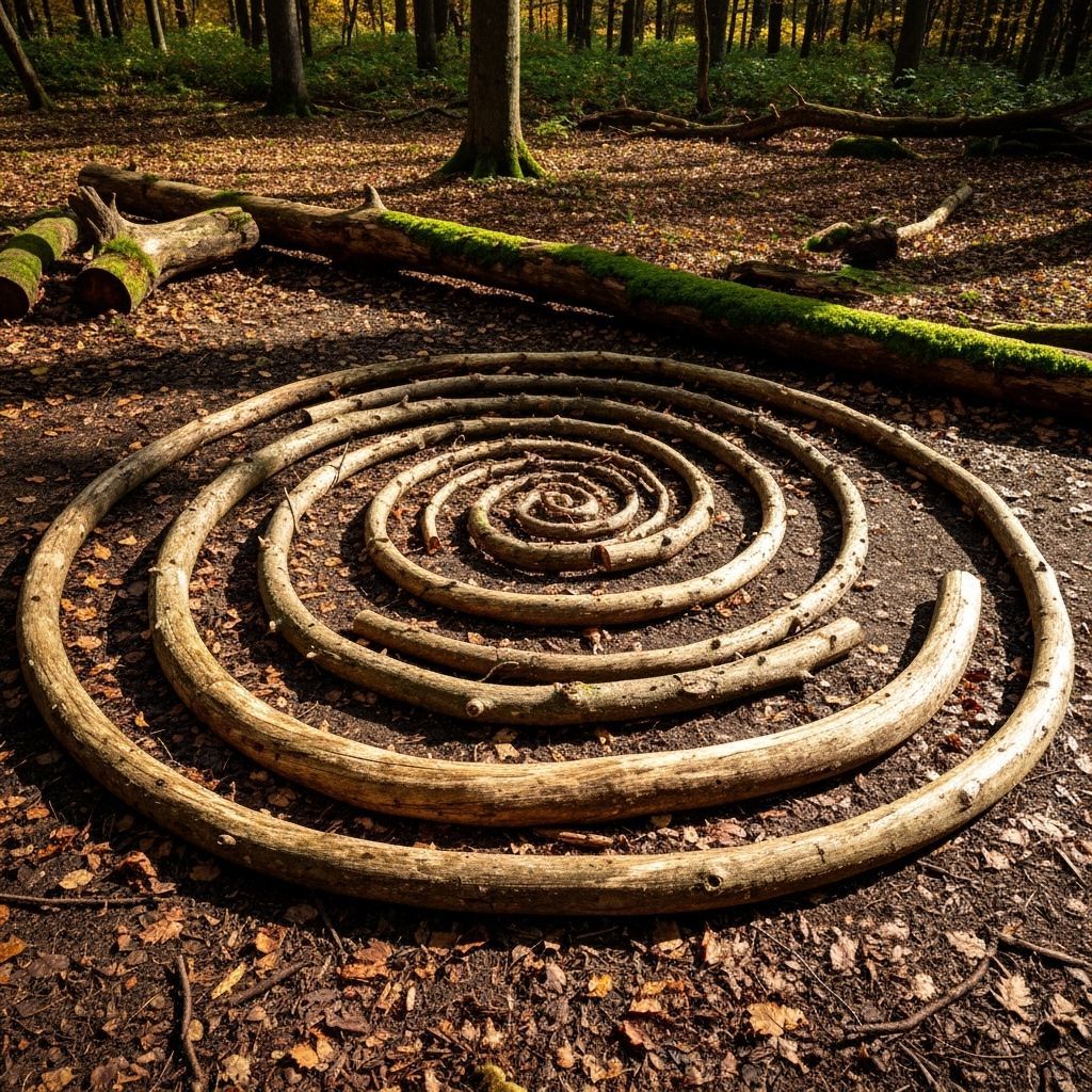 Land Art Spiral Sculpture in Autumn Forest