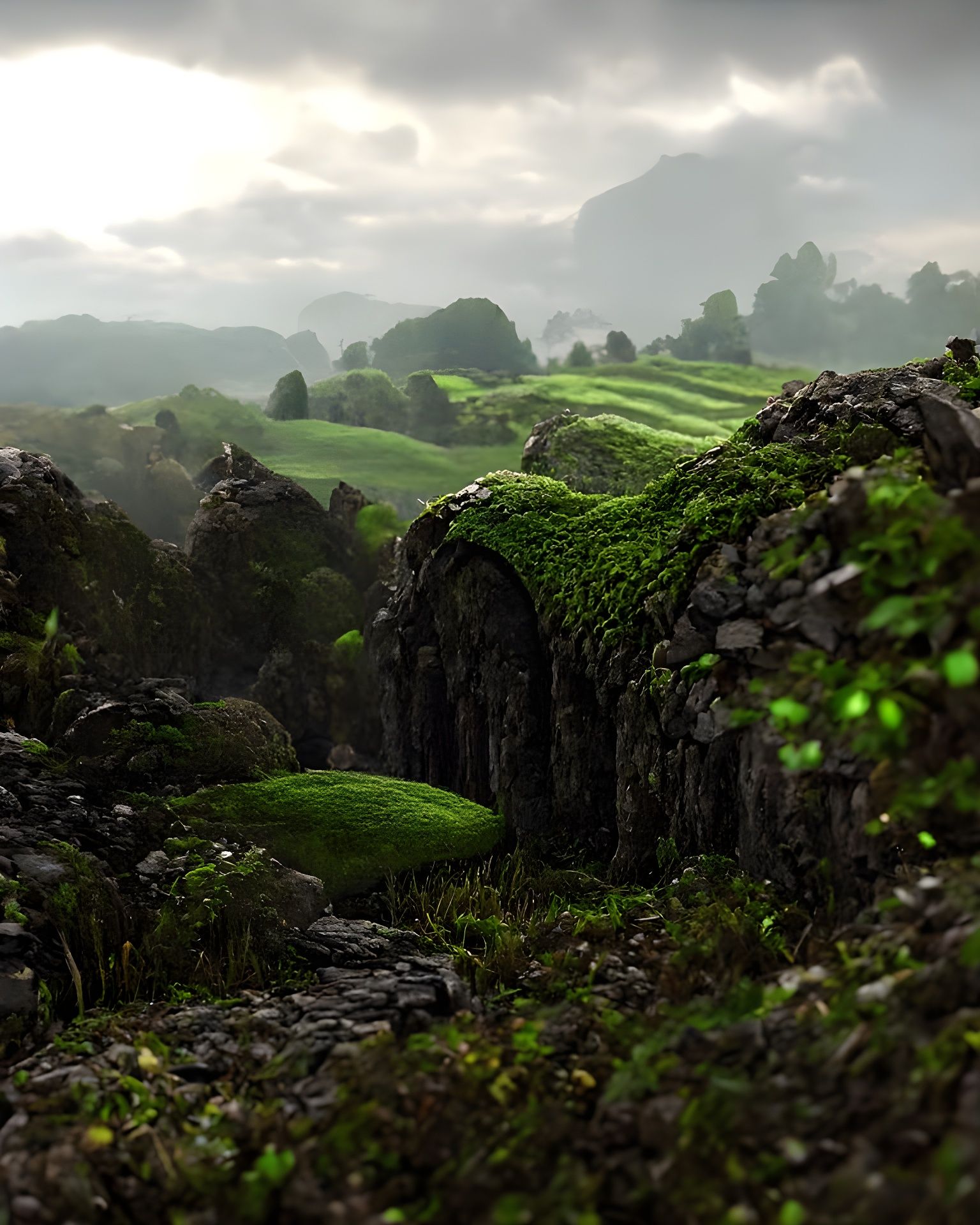 Lush Rolling Hills with Mossy Stone Walls