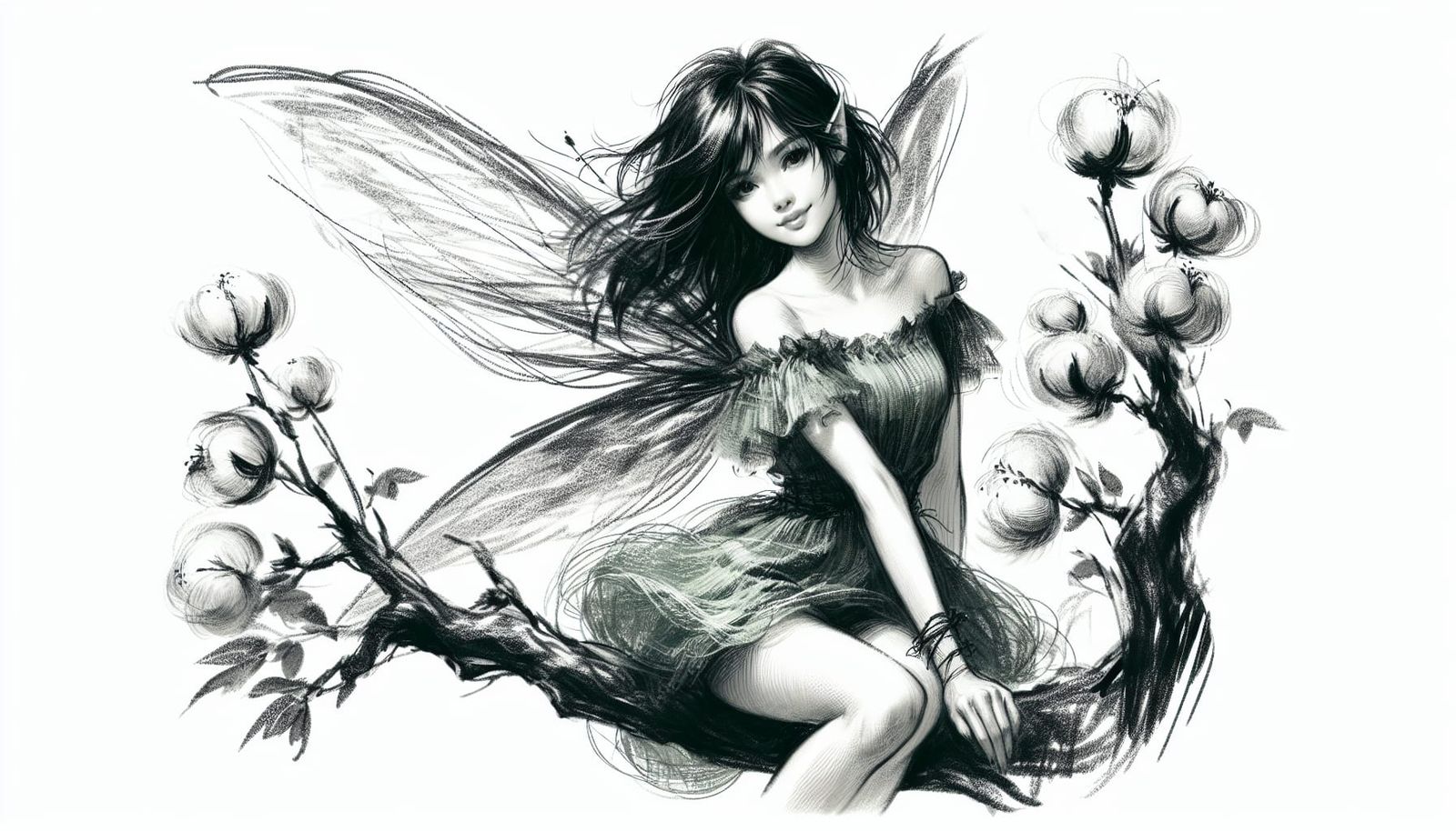 Fairy Princess in Charcoal Sketch on Cottonwood Branch