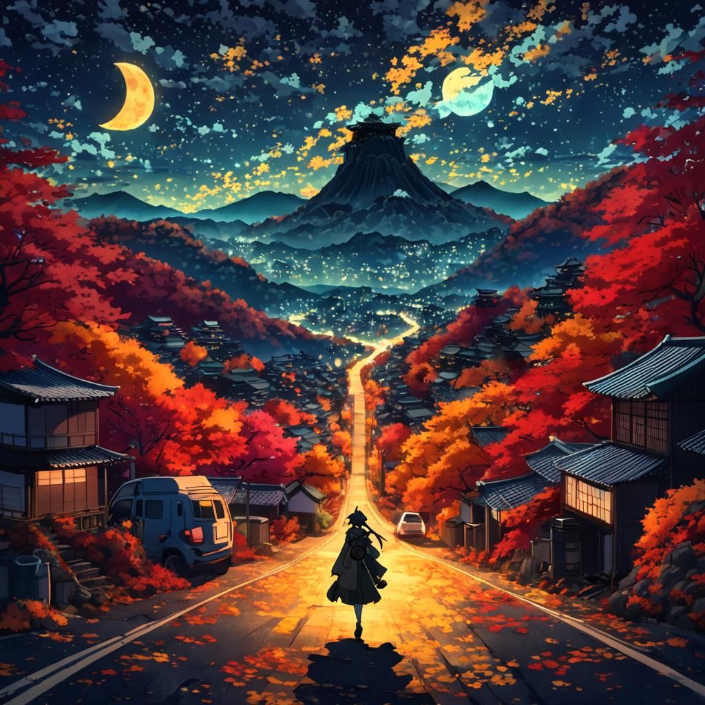 Adventurer Girl on Autumn Road: Anime-Style Night Scene