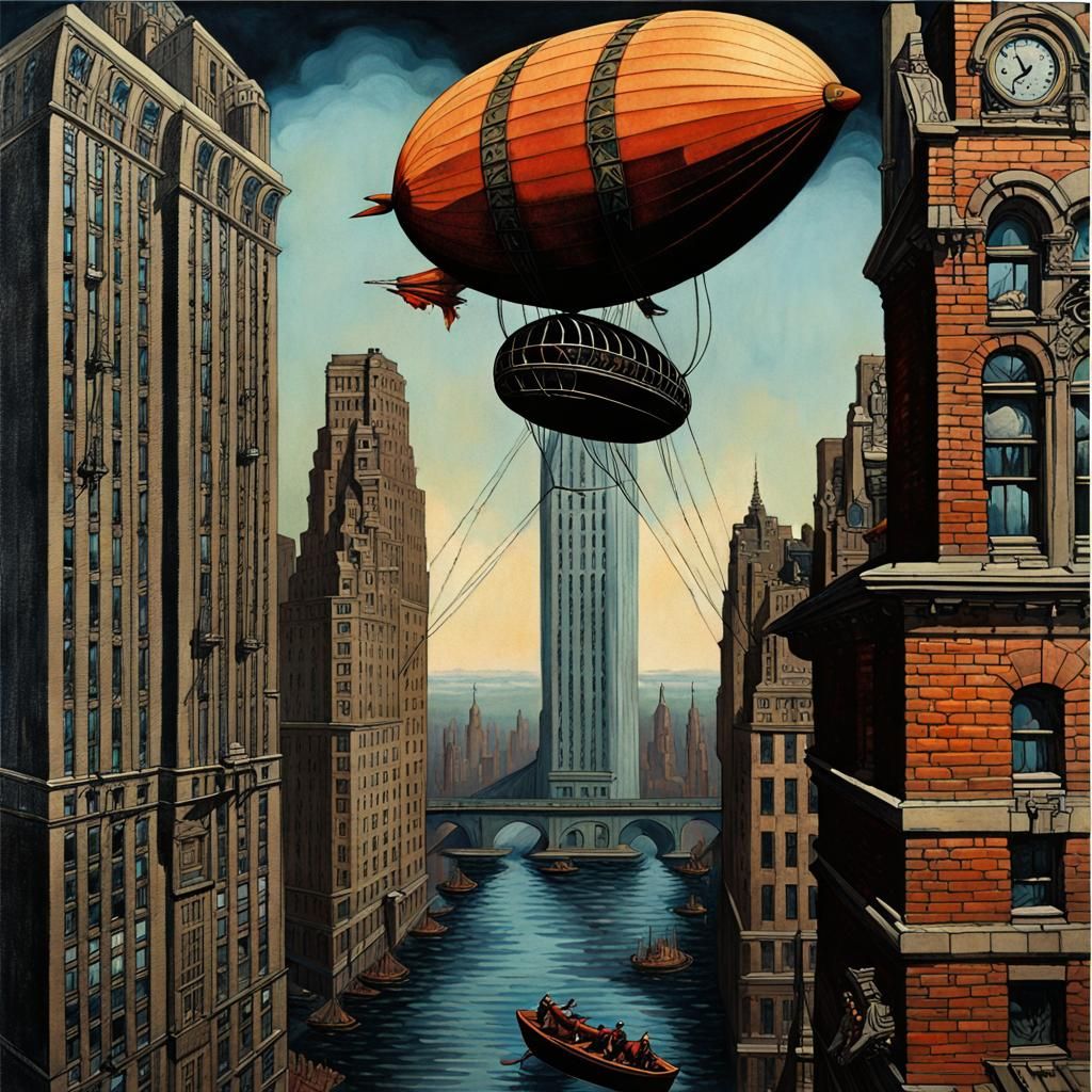 Dirigible Disaster: Gothic Skyscraper Collision in Art Nouve...