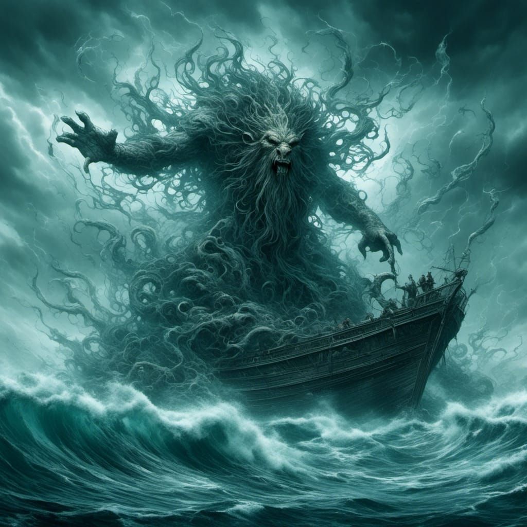 Transparent Sea God Emerges from Stormy Seas