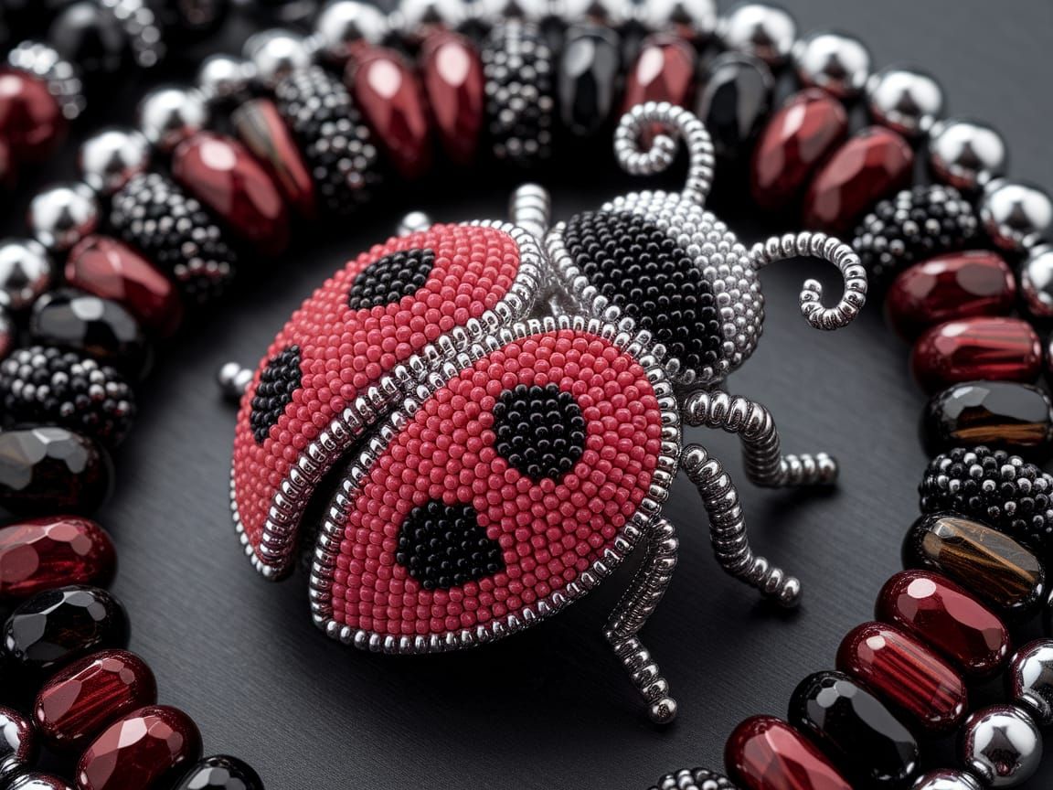 Elegant Ladybug Design in Intricate Beads and Metalwork