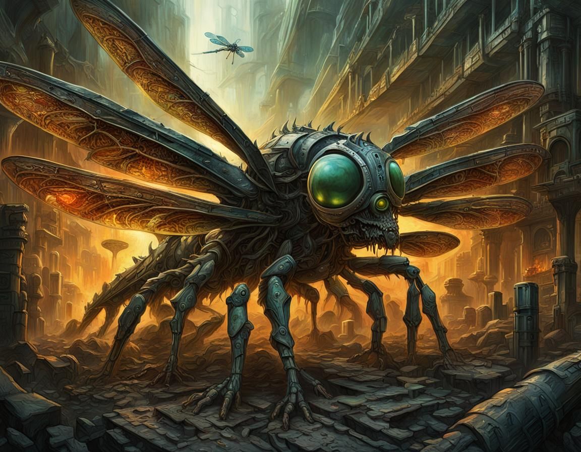Cyberpunk Undead Cyborg Dragonfly in Urban Ruins
