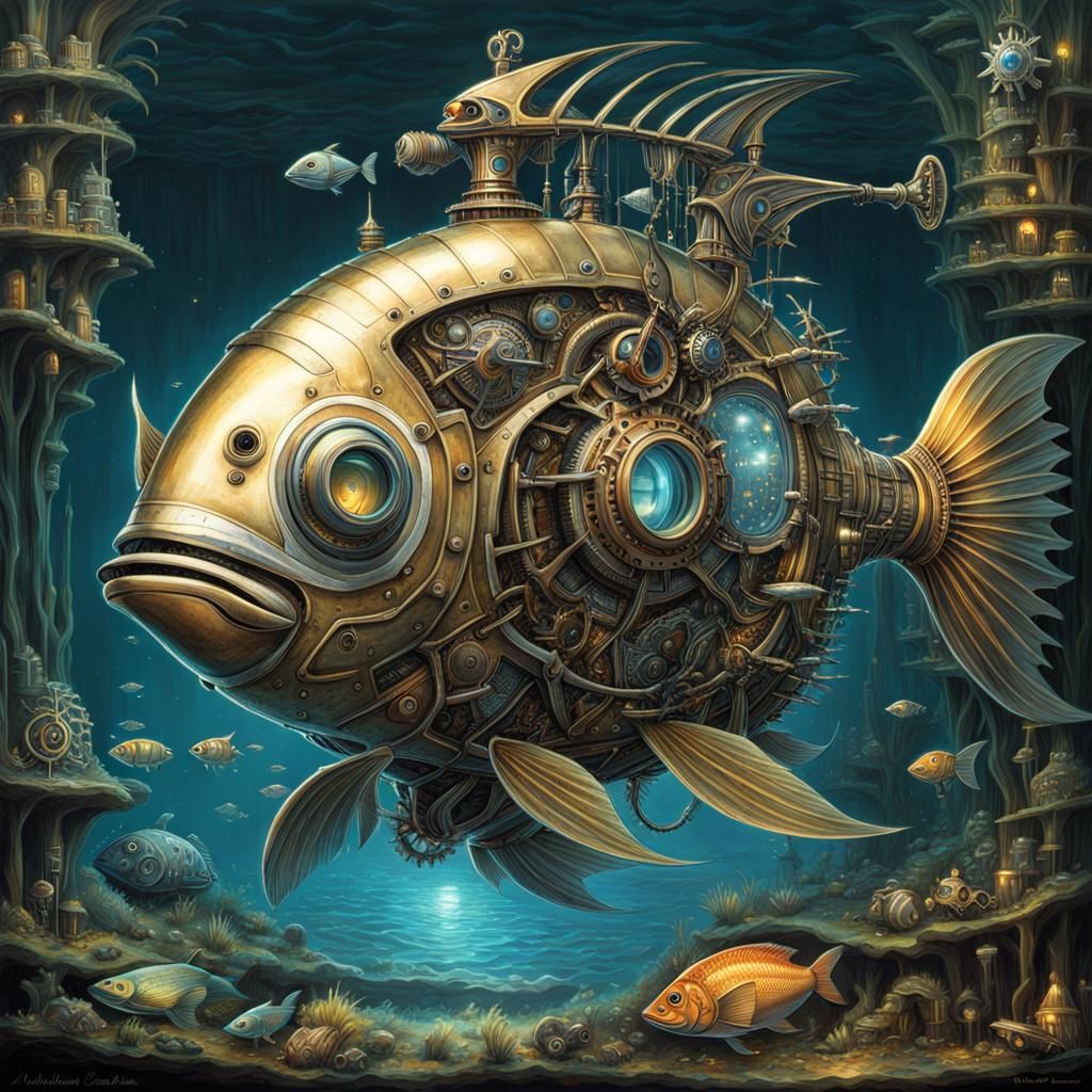 Friendly Robot Fish Cutaway View in Brian Froud Style