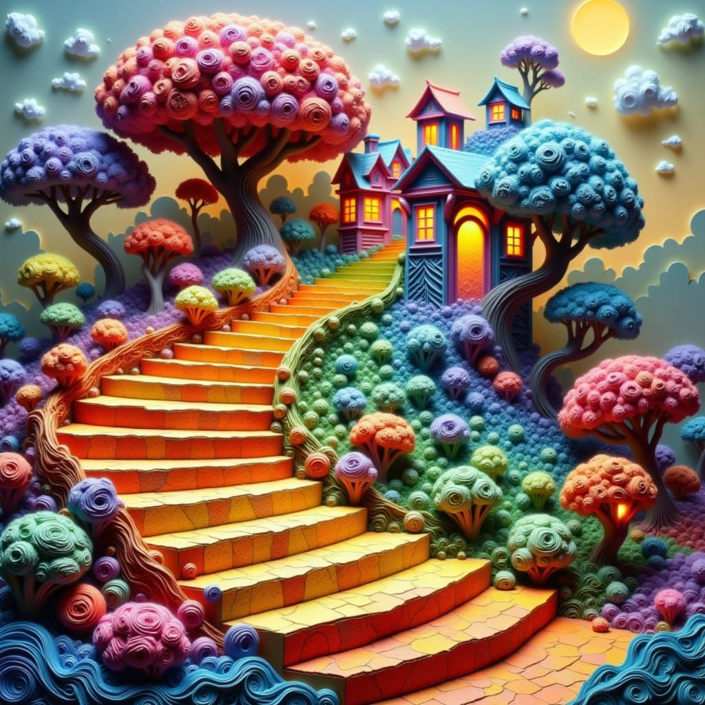 Whimsical Fantasy Landscape with Steps Ascending to the Sky
