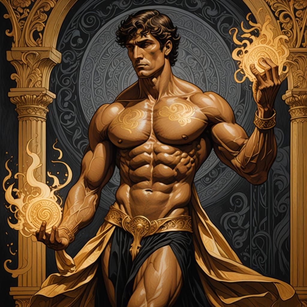 Aubrey Beardsley Style Man in Black and White Ink with Gold