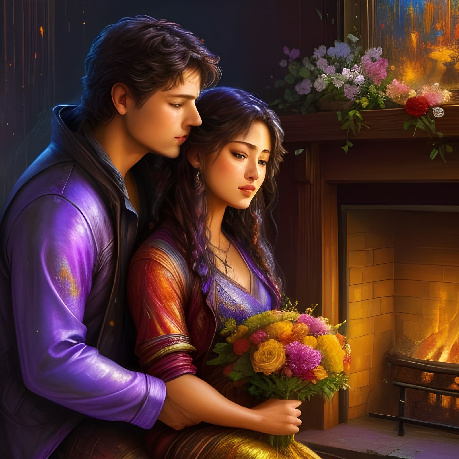 Cozy Fireplace Scene in Watercolor Style