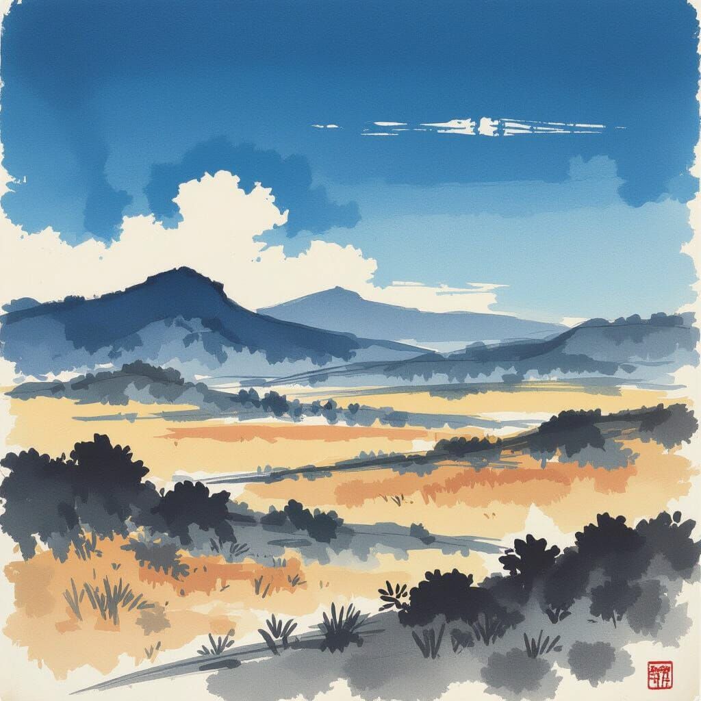 Minimalist Japanese Landscape with Bold Ink Textures