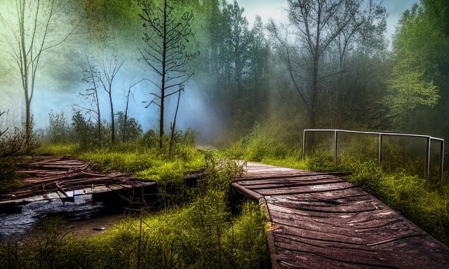 Post-Apocalyptic Bridge in Forest, Digital Matte Painting