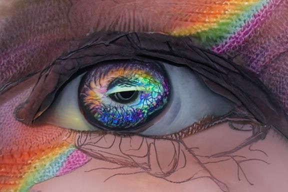 Psychedelic Rainbow Eye on Grayscale Face