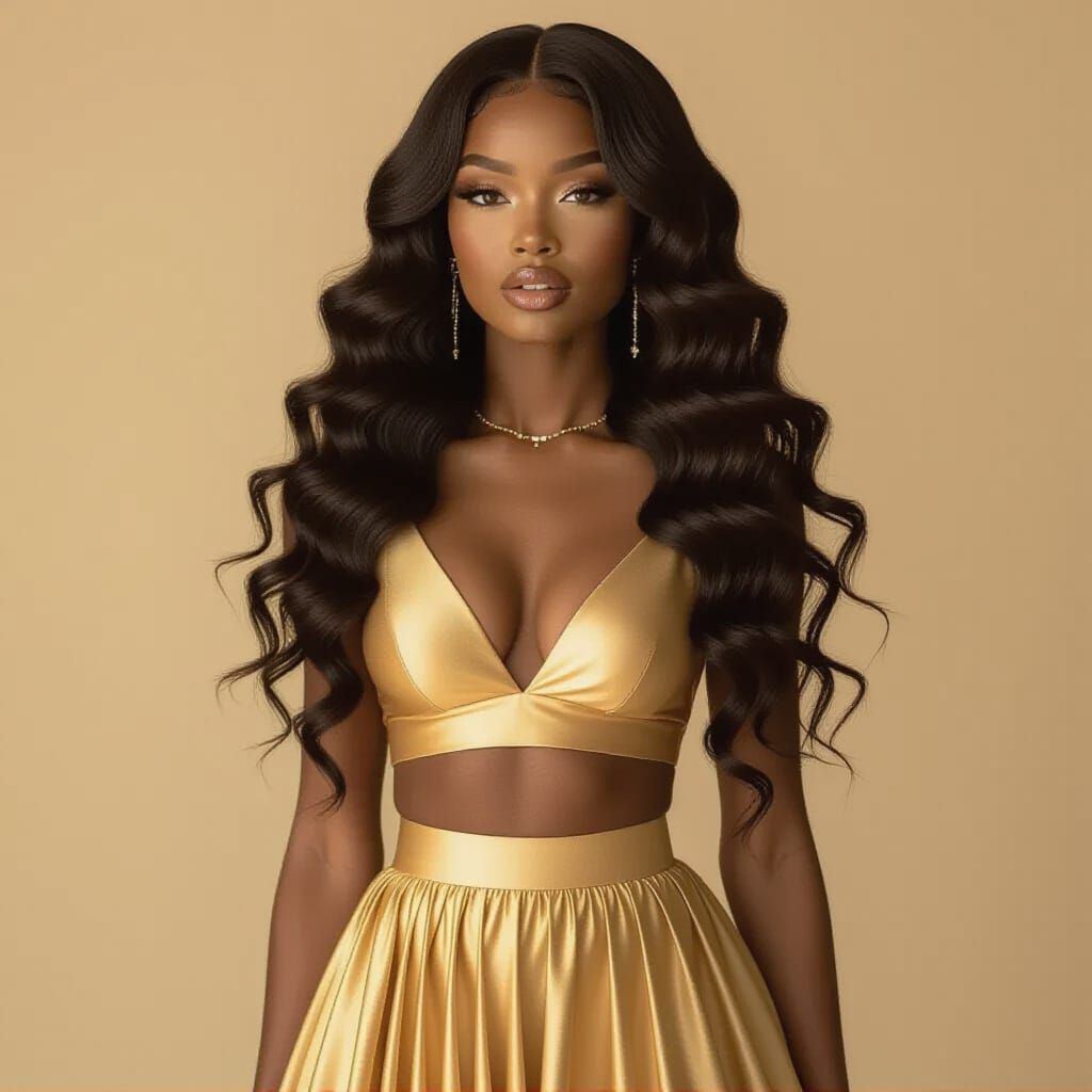 Elegant Black Woman in Gold Glam Outfit