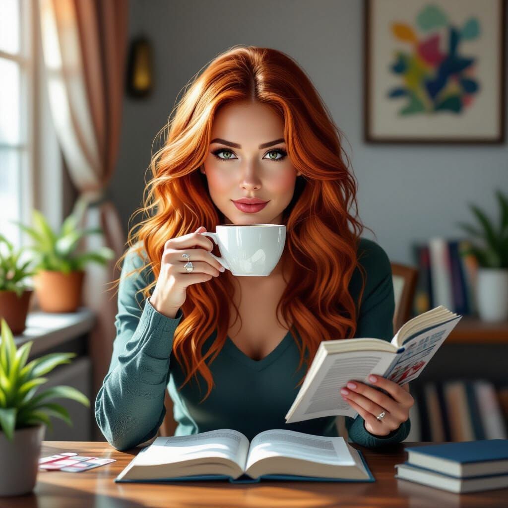 Hyperrealistic Redhead Studying: Abstract Art Portrait