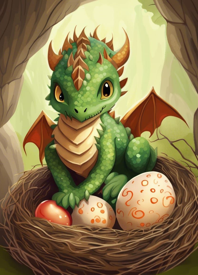 Cute Young Dragon in Nest Illustration