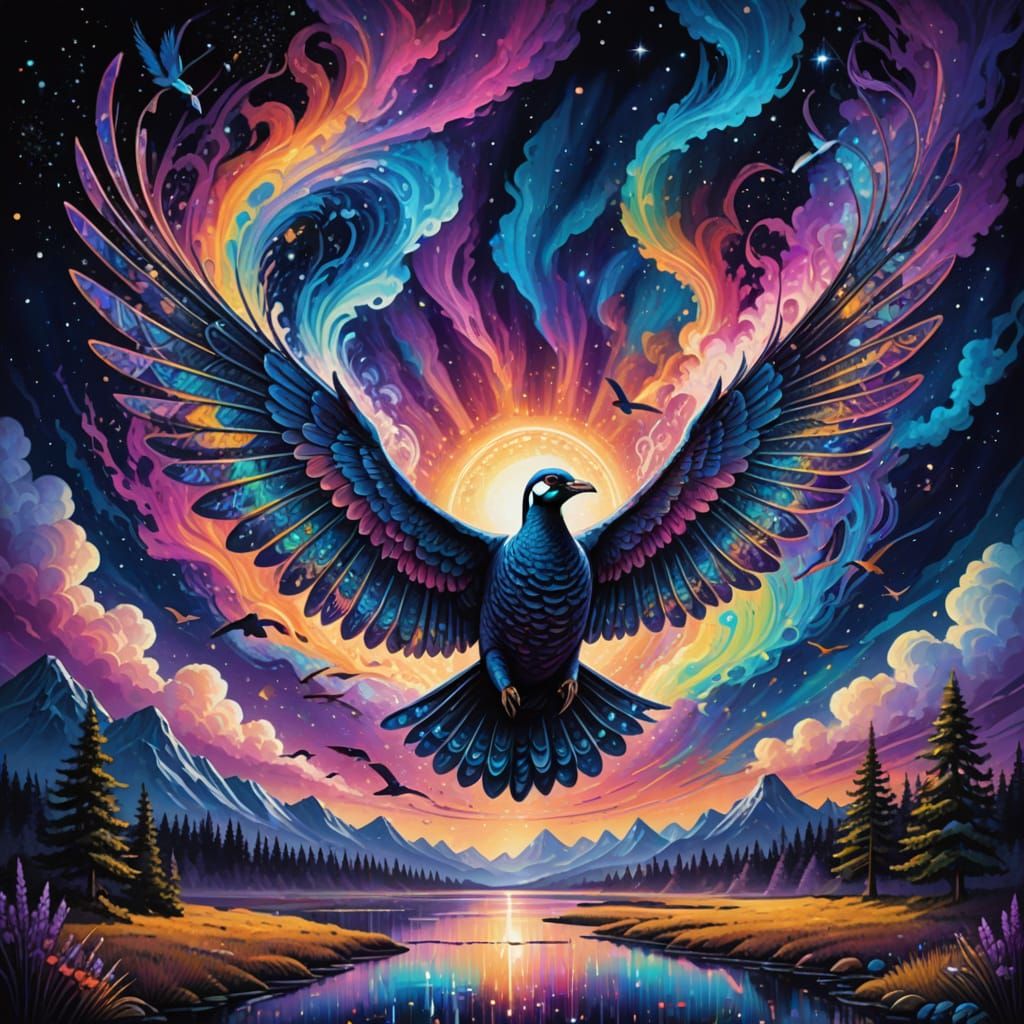 Surreal Cosmic Visions: Geese Soar with Iridescent Wings