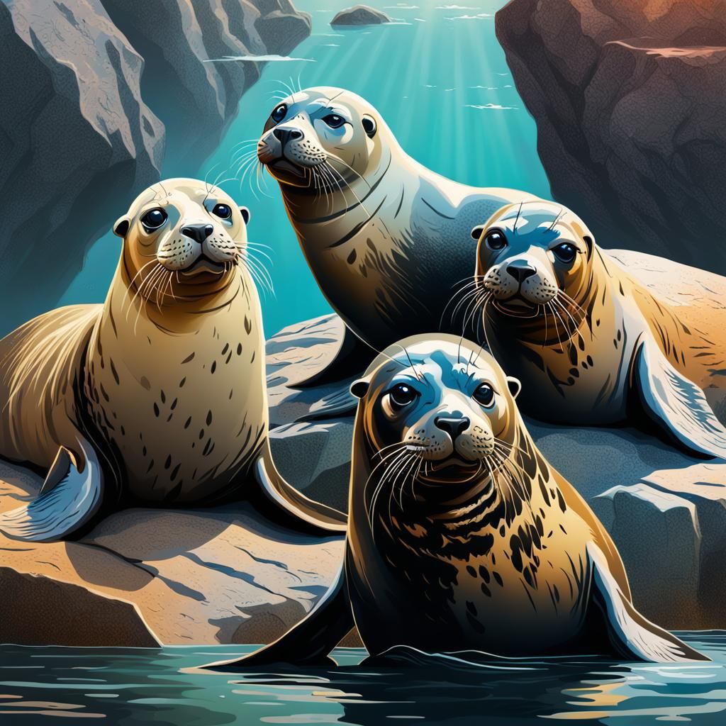 Seals on Rocks: Hyperrealistic Splash Art