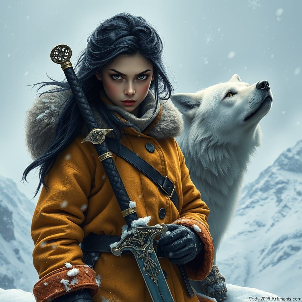 Majestic Dark-Haired Warrior Stands Resolute on Snowy Mounta...