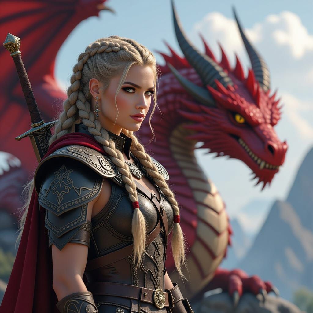 Viking Valkyrie and Red Dragon in 3D Render