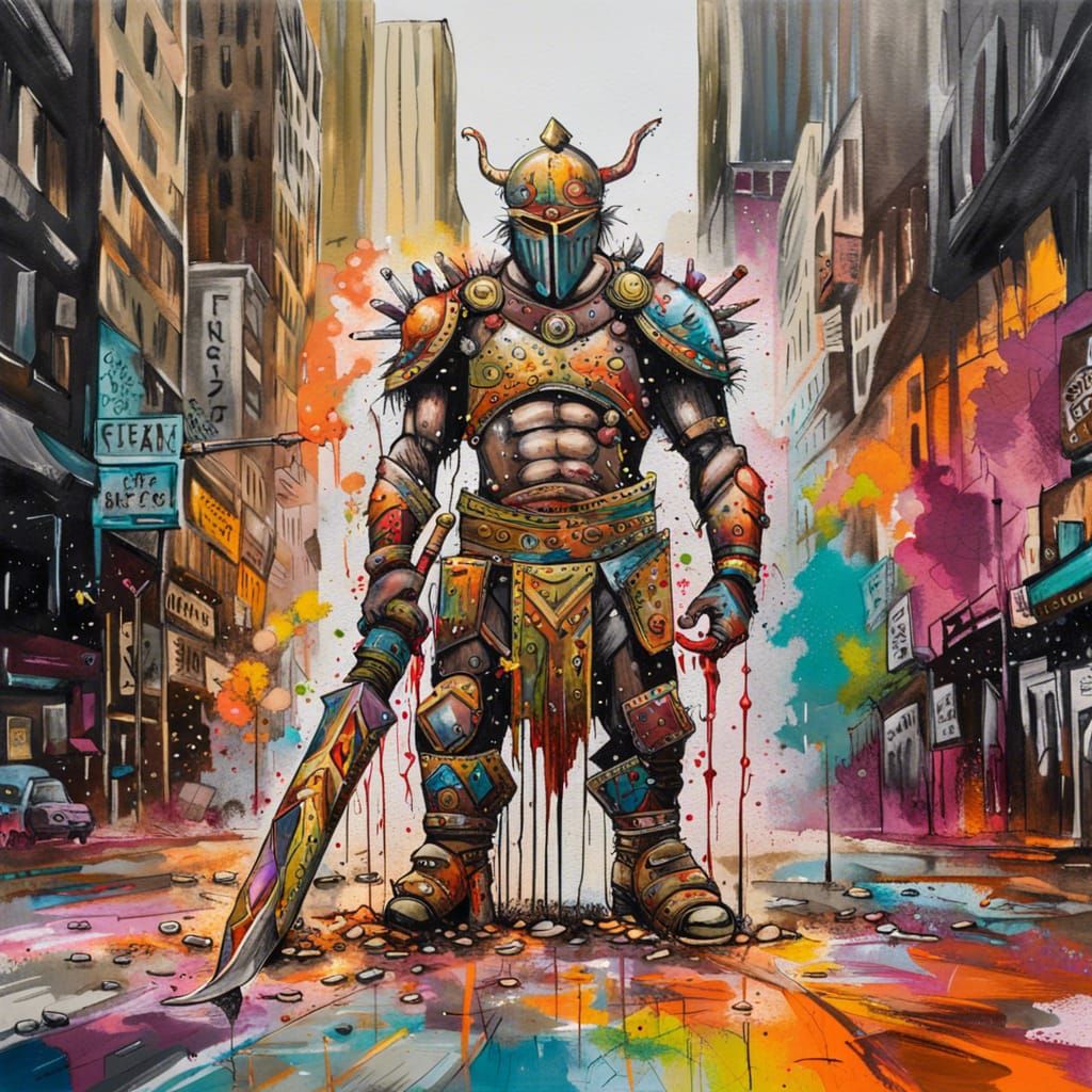 Giant Armored Warrior in Post-Apocalyptic NYC Graffiti