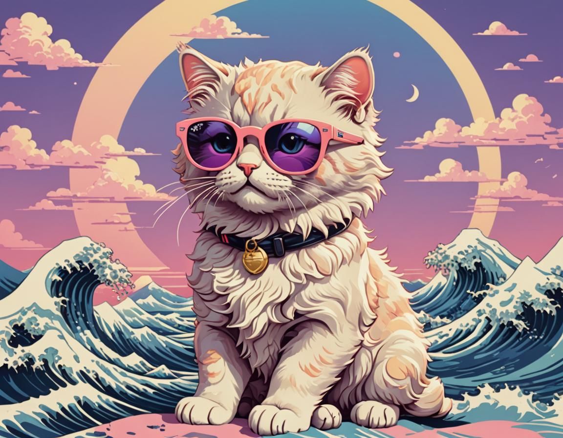 Vaporwave Cat with 80s Shades and Retro Sun