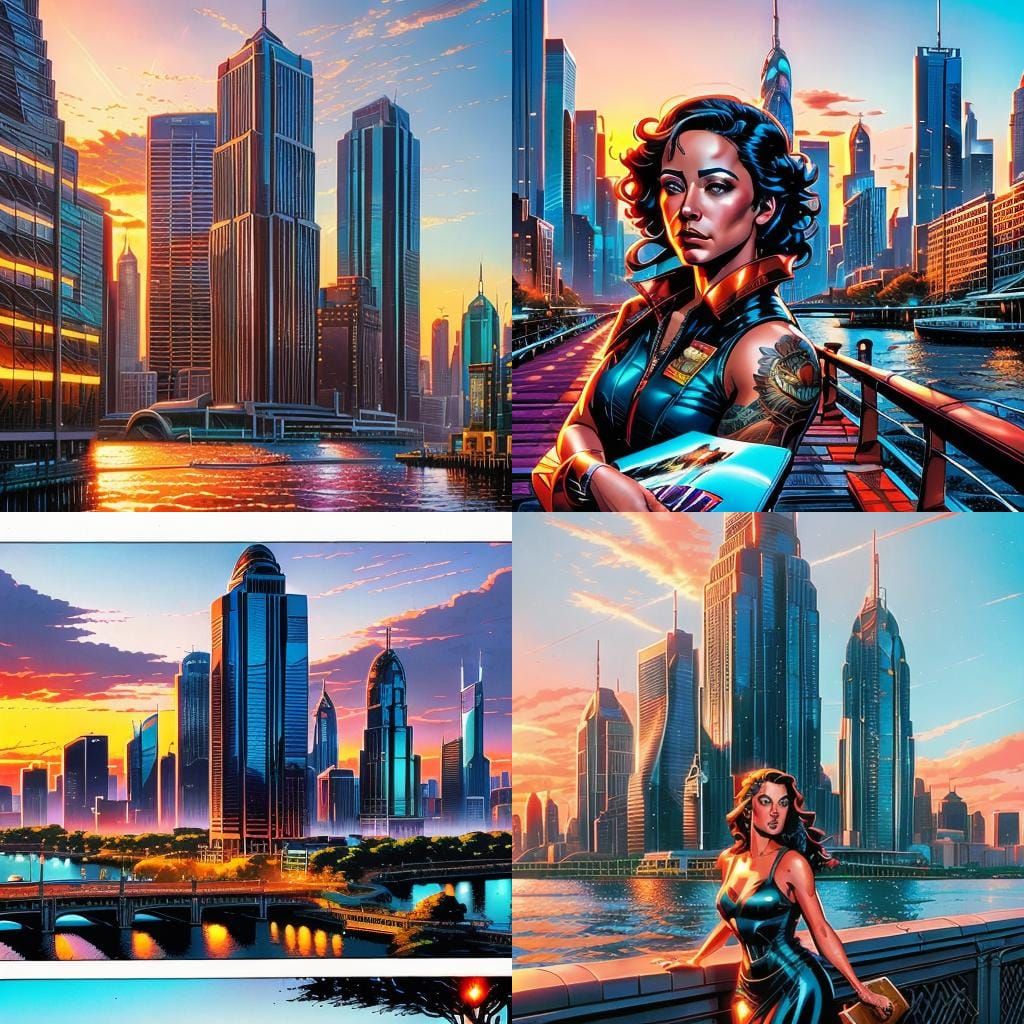 Cityscape Sunset Reflected: Comic Book Art Style