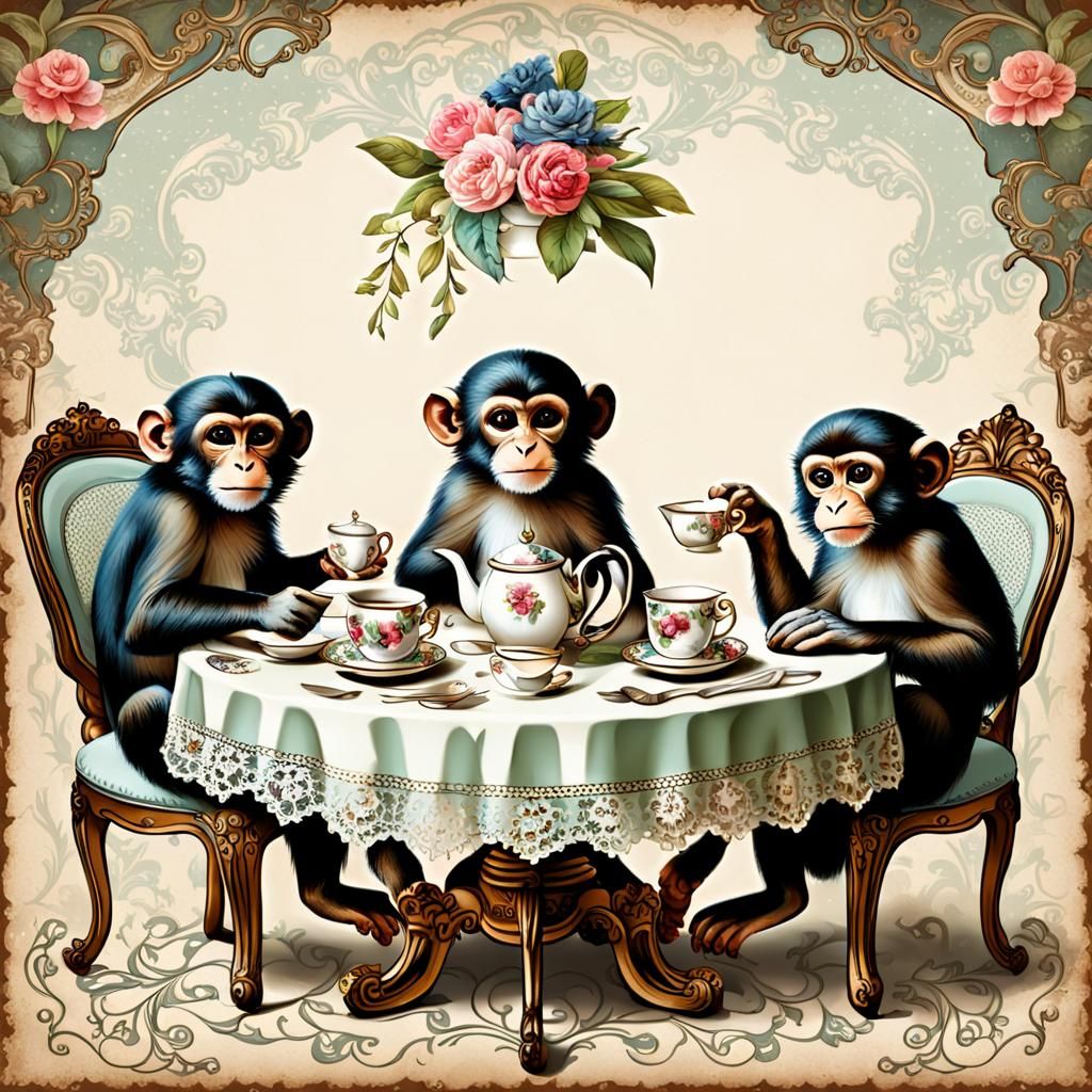 Cute Monkeys Host Victorian Tea Party