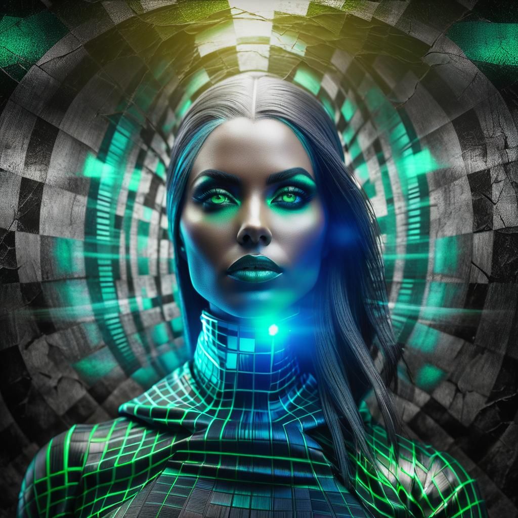 Striking Checkerboard Woman Portrait with Green Eyes