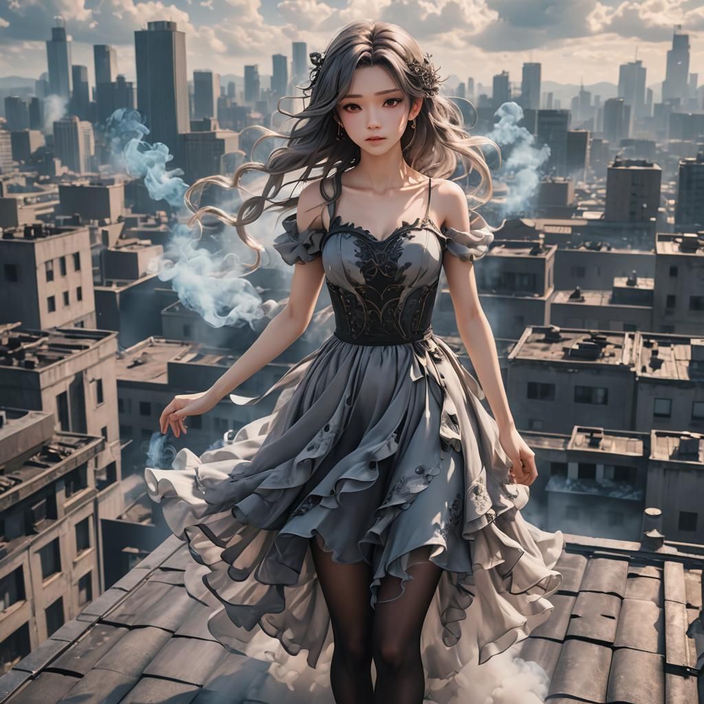A young pretty girl wearing a dress made of smoke with flowy...