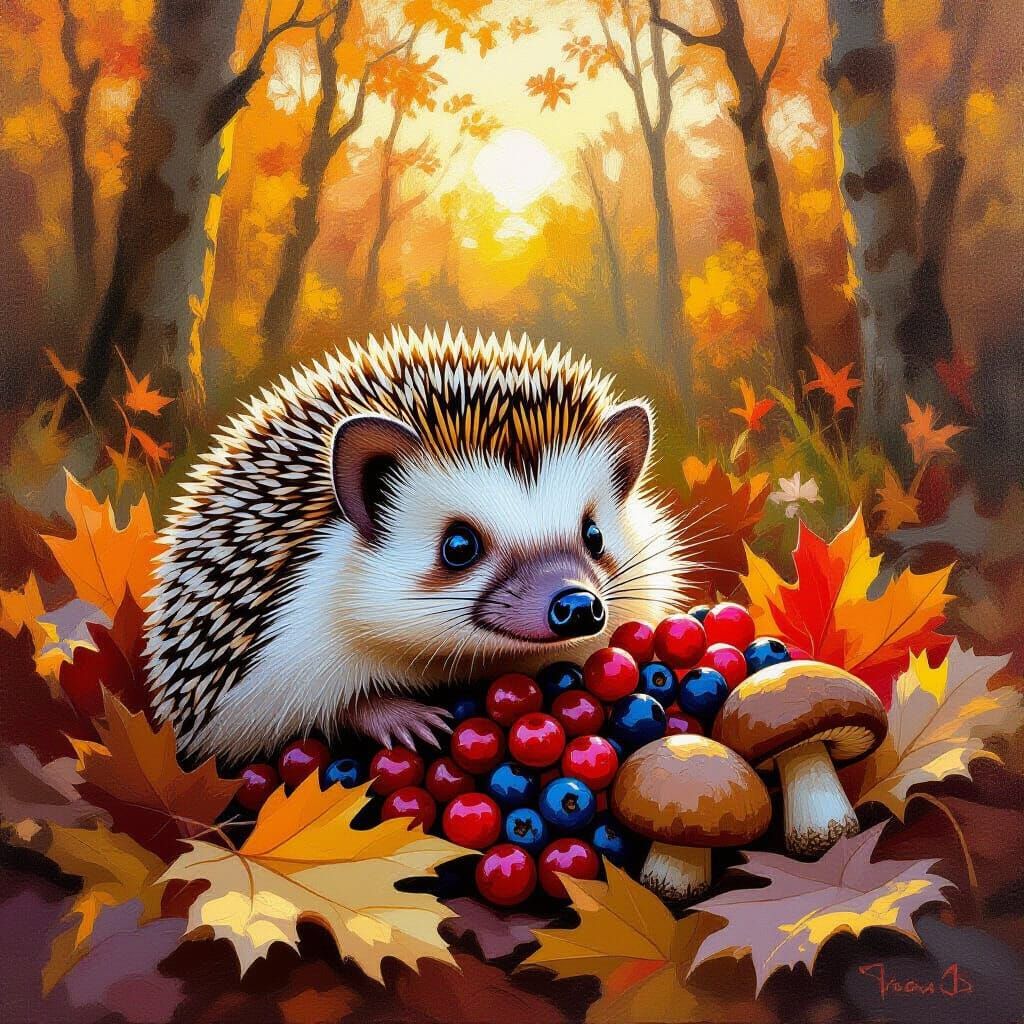 Hedgehog's Autumn Harvest Amidst Fallen Leaves