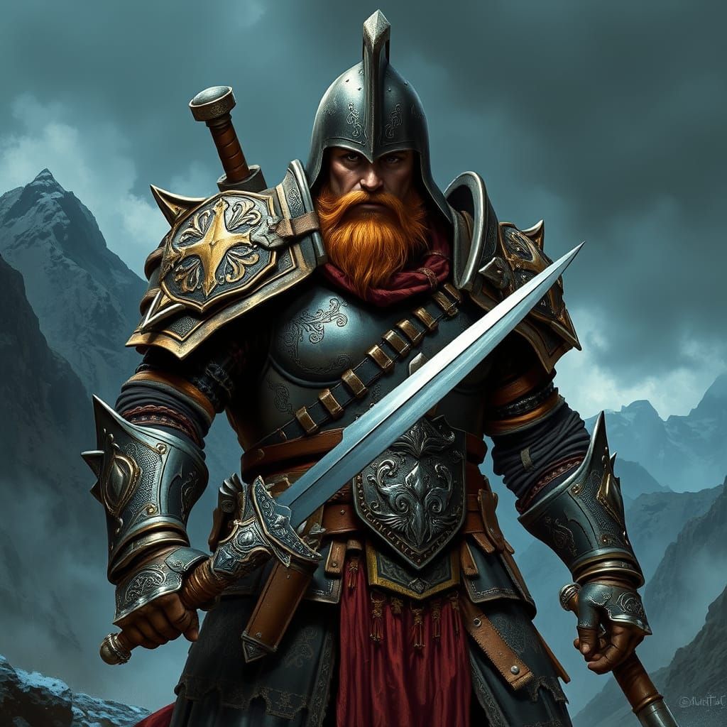 Heroic Warrior Stands Ready in Mysterious Mountain Landscape