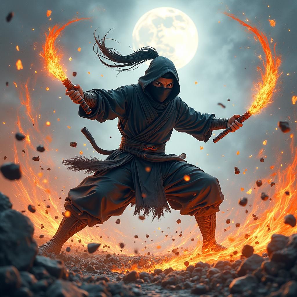 Mystical Ninja Hero's Elemental Battle in 3D Manga Style