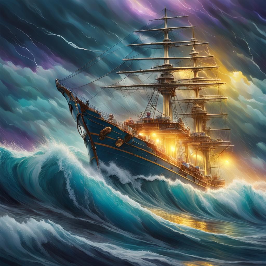 Ship in Glass Container Amidst Stormy Seas