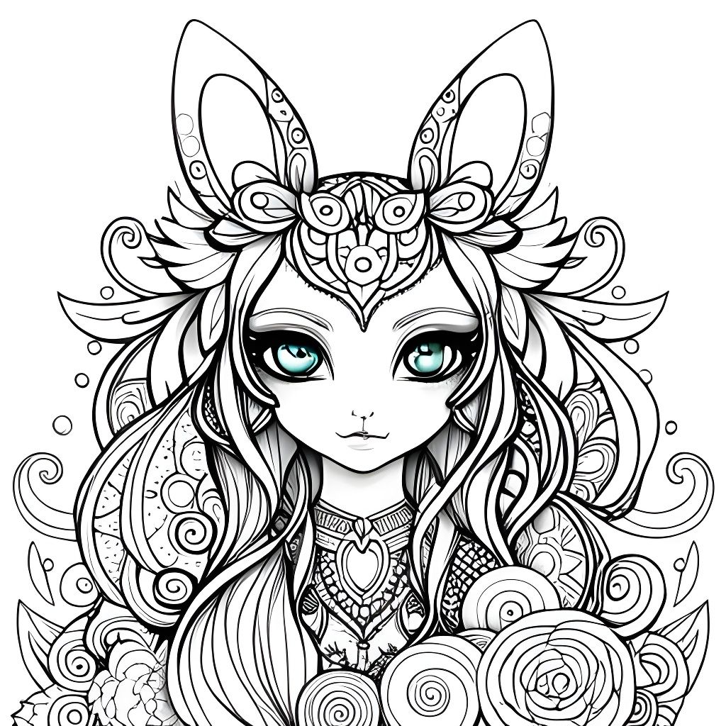 Intricate Chibi Rabbit Puppy Coloring Page
