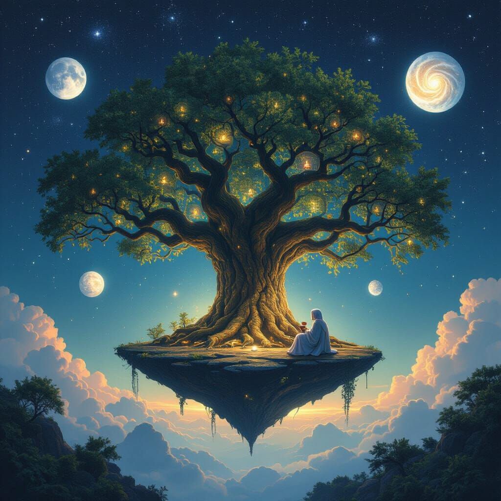 Surreal Oak Tree in Starlit Void, Digital Matte Painting