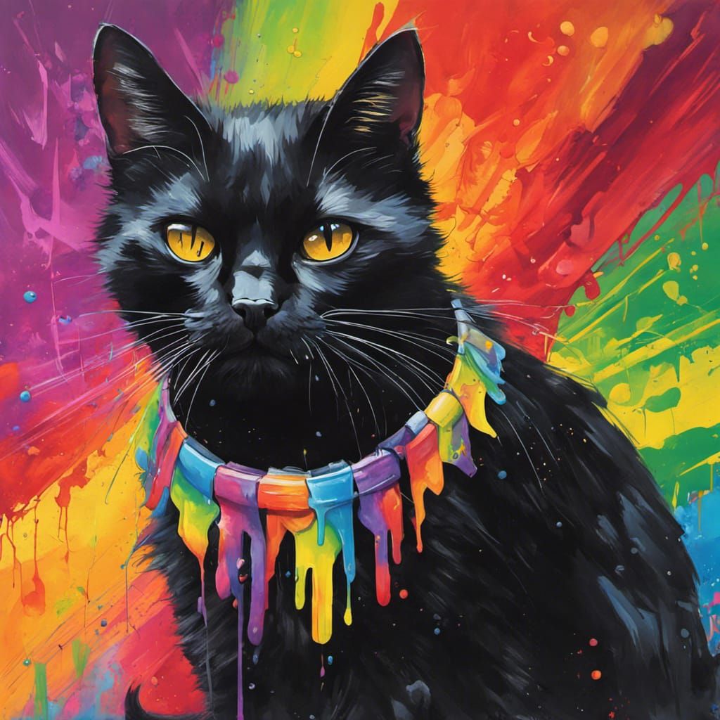 Black Cat with Rainbow Collar in Graffiti Style