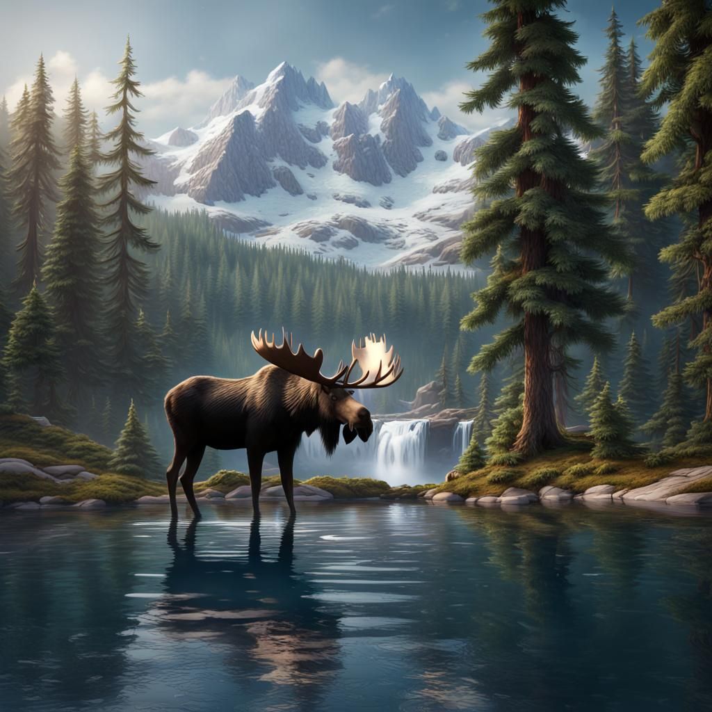 Moose Drinks in Mountain Lake Landscape