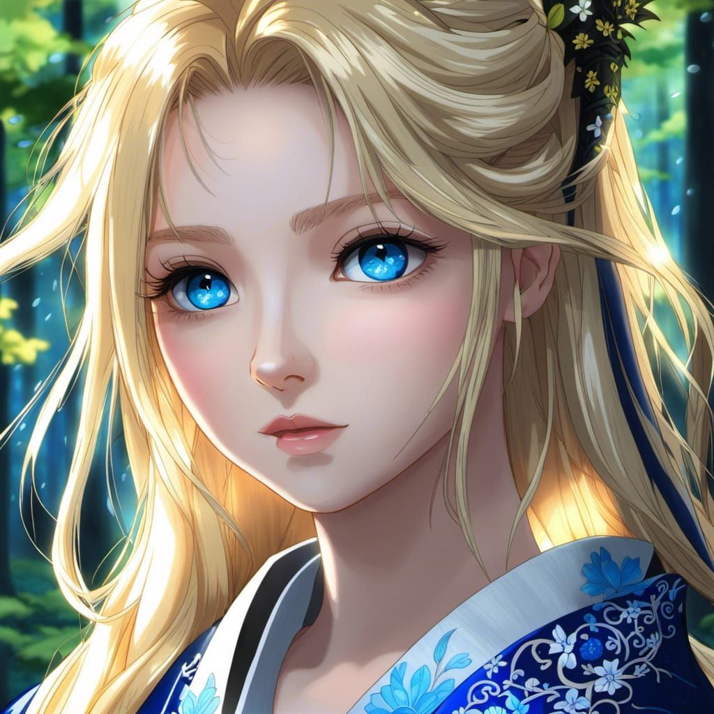 Anime Woman in Kimono, Forest Rain Portrait