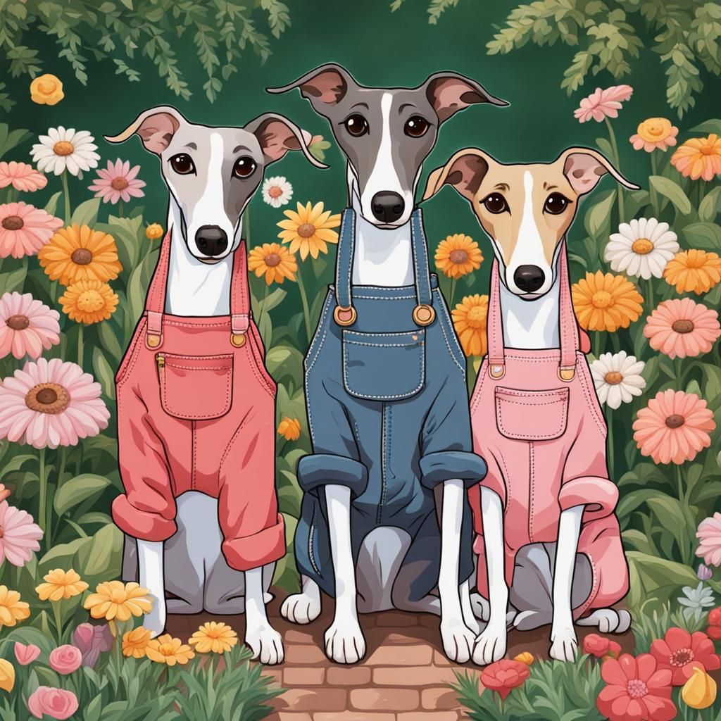 Greyhounds with Kawaii Eyes in Extravagant Garden