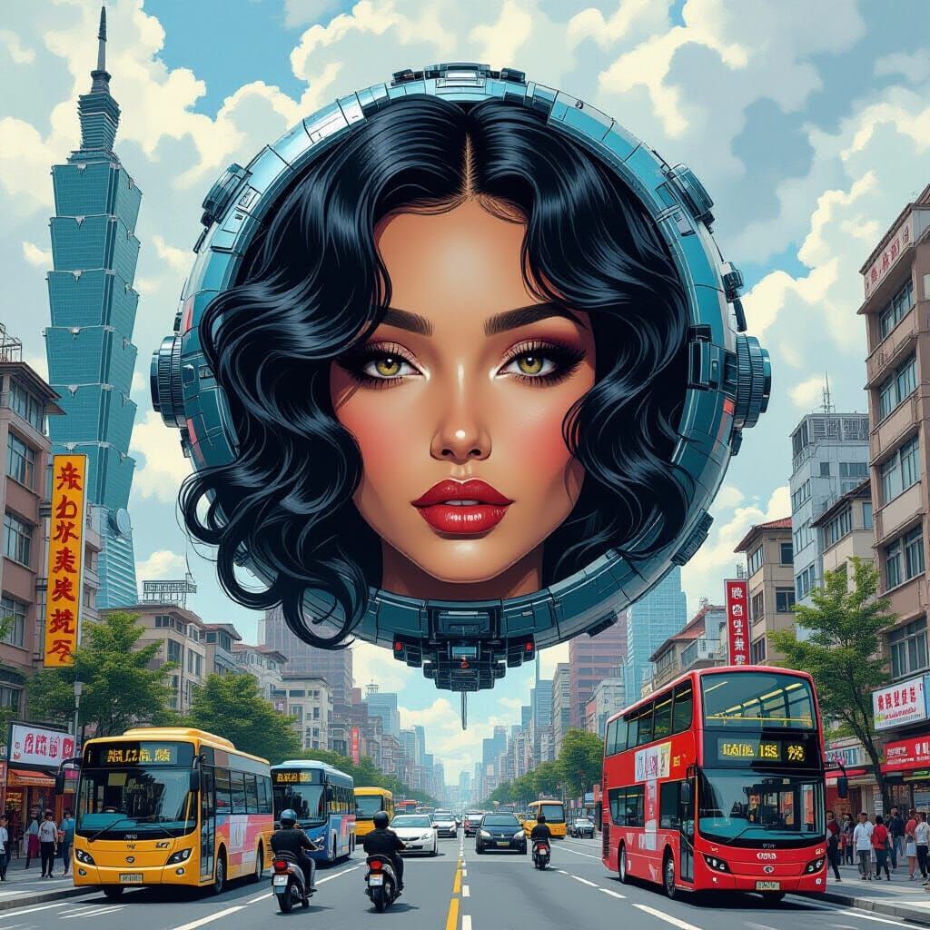 Cyberpunk Enchantress Over Taipei, Sketch Style