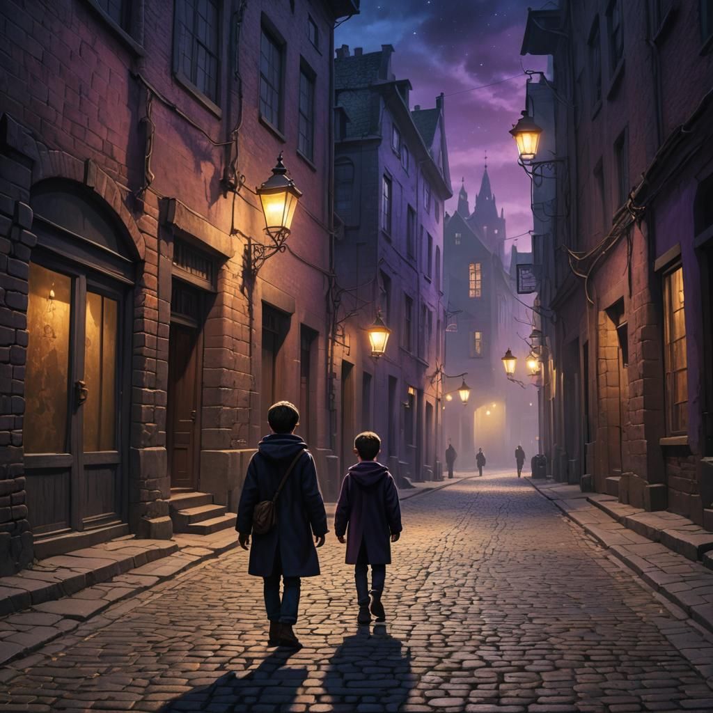 Mystical Night Scene: Boy Walking on Deserted Street