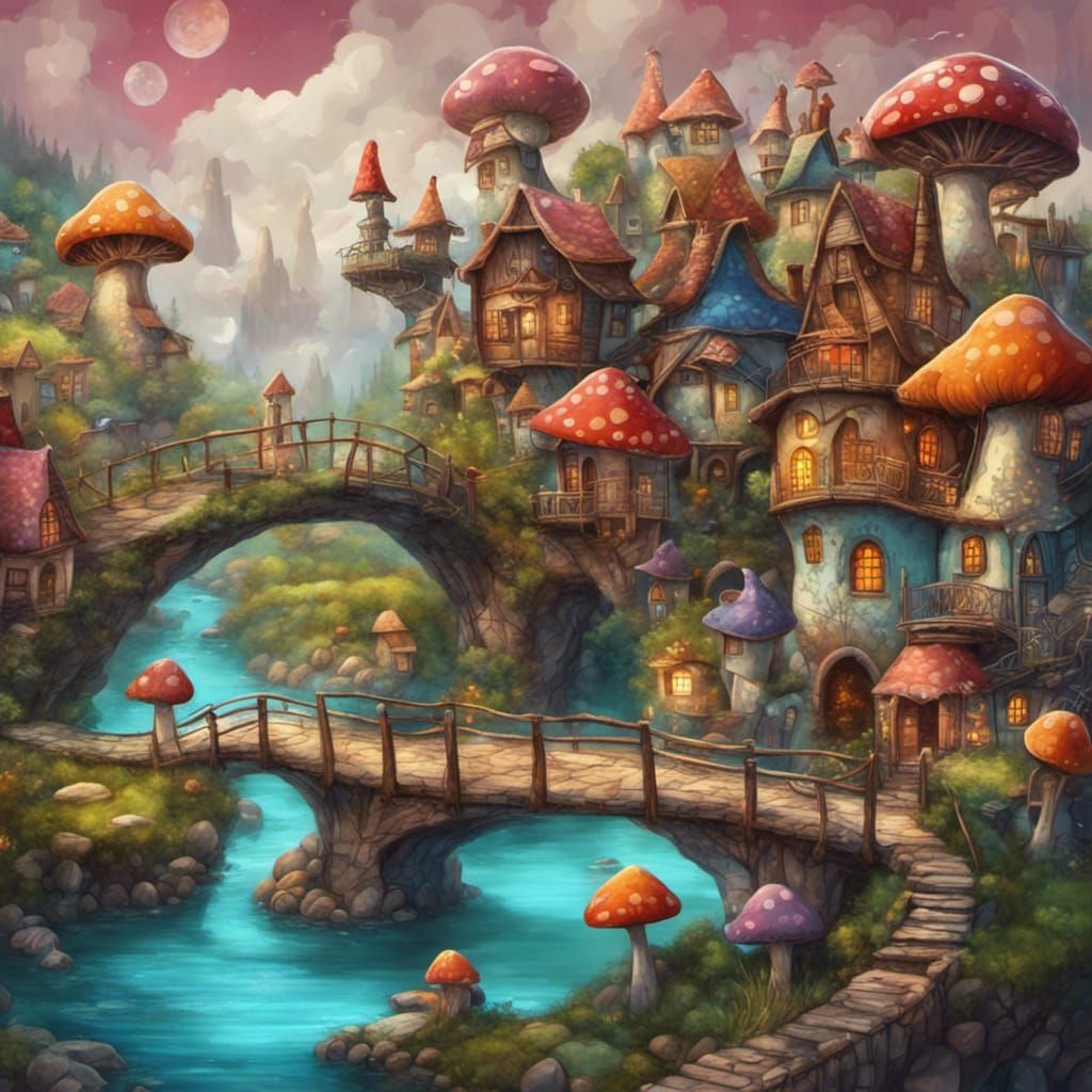 Charming Fantasy Village with Mushroom Houses in Art Brut St...
