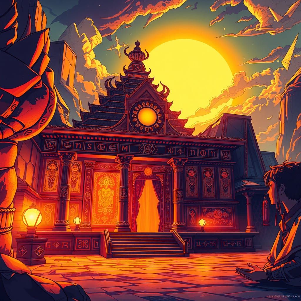 Surreal Anime Temple of the Night Sun in Vibrant Golden Ligh...