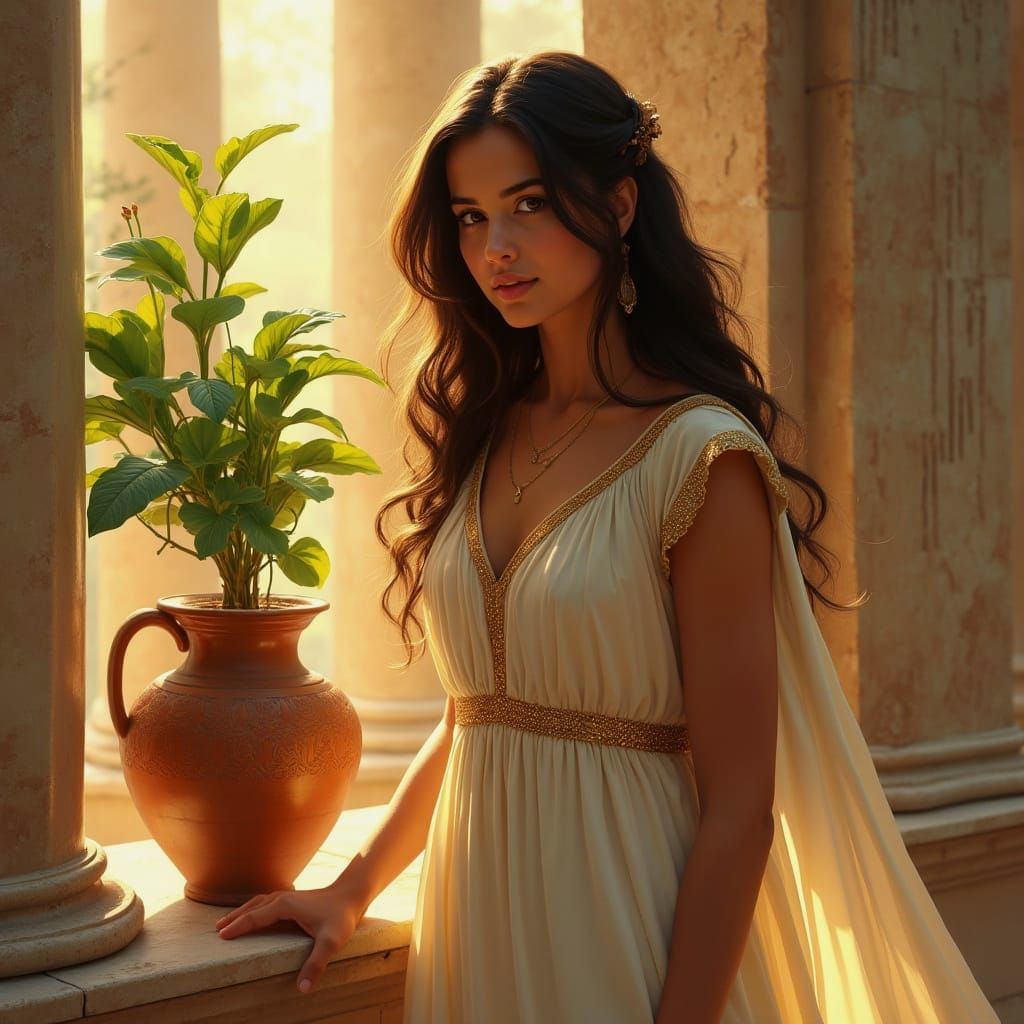 Serene Woman in Golden Light: A Classical Digital Painting