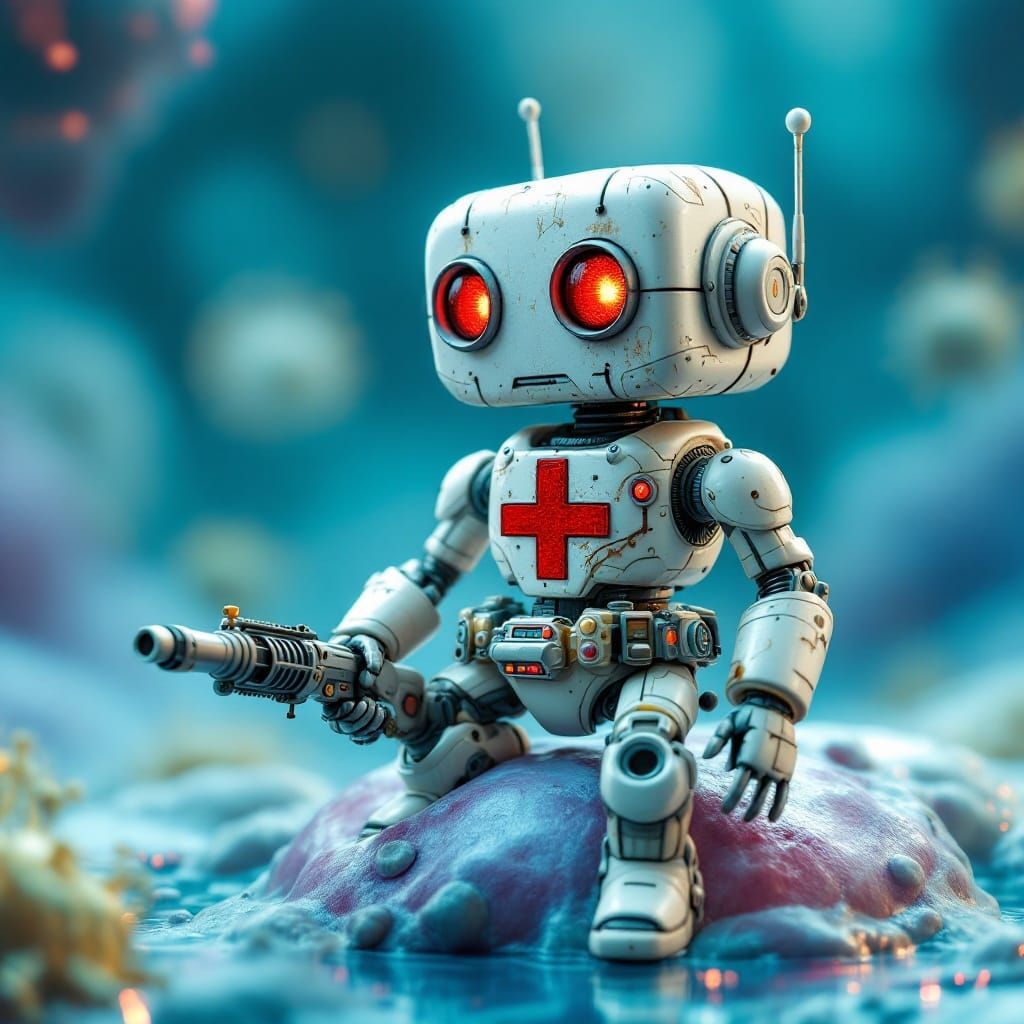 Whimsical Nanobot on a Red Blood Cell in a Futuristic Scene