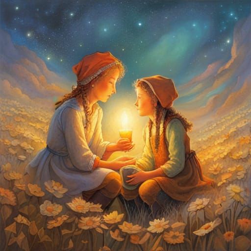 Heartwarming Friendship Illustration in Vintage Surreal Styl...