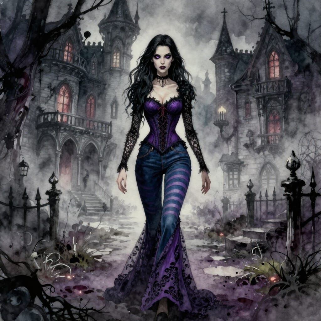 Gothic Woman in Lace Gown in Spooky Mansion