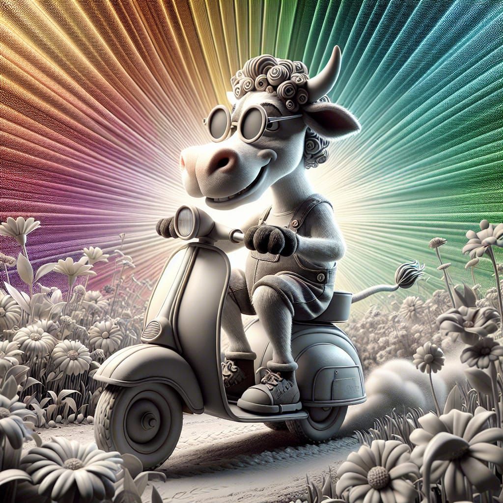 Cartoon Cow on Scooter in Flower Field