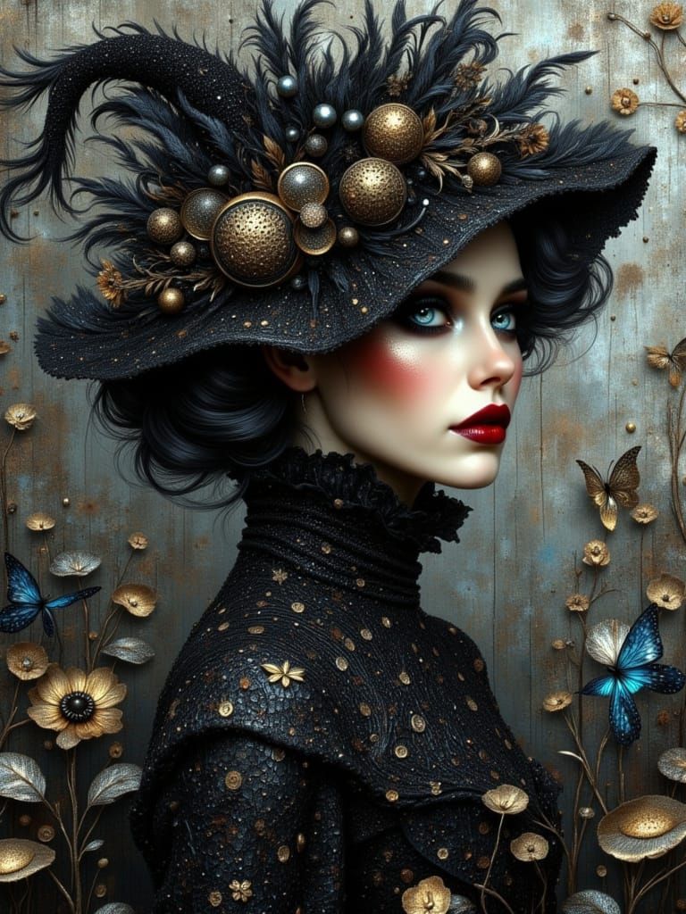 Gothic Woman in Victorian Dress with Red Lips