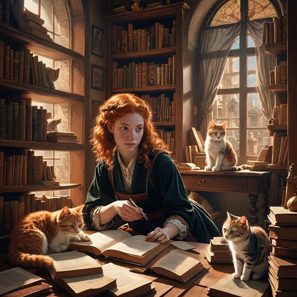 Renaissance Girl Studying with Cats: Matte Painting