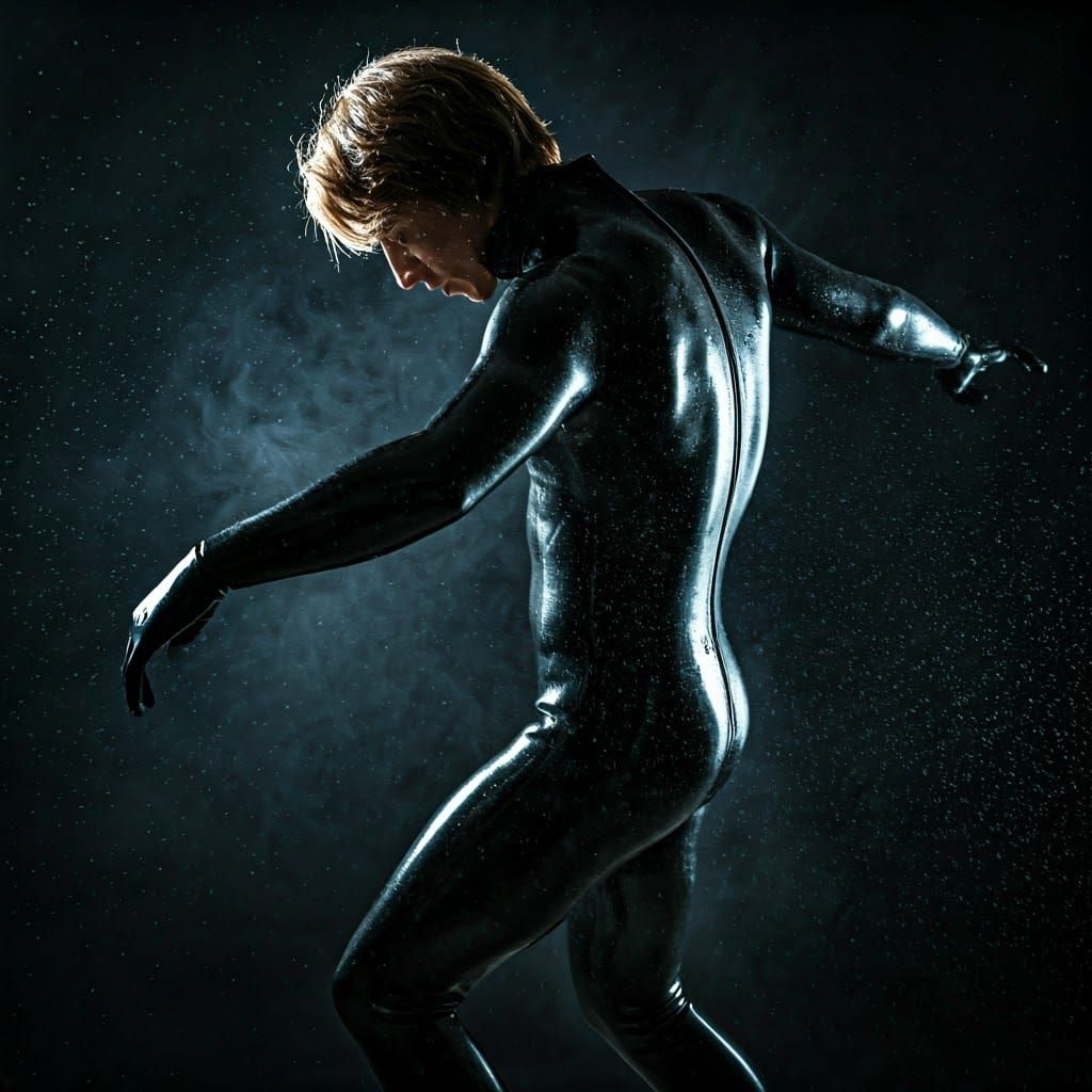Man Dancing in Black Rubber Suit, Cinematic Photo